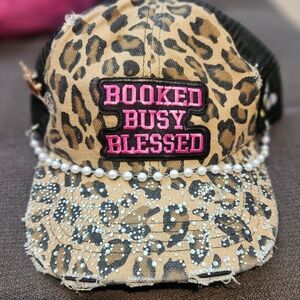 Leopard Print Cap with Pearl and Rhinestone Details- Custom Made